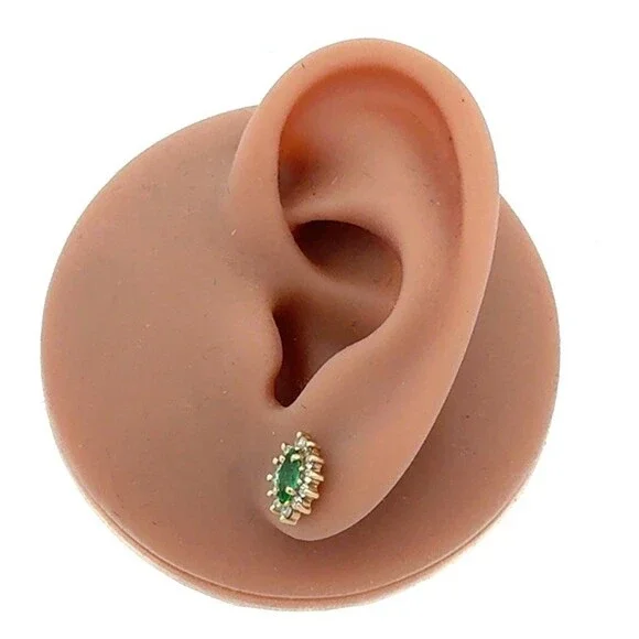 Estate 14k Yellow Gold Marquise Cut Emerald Diamond Halo Flower Stud Earrings